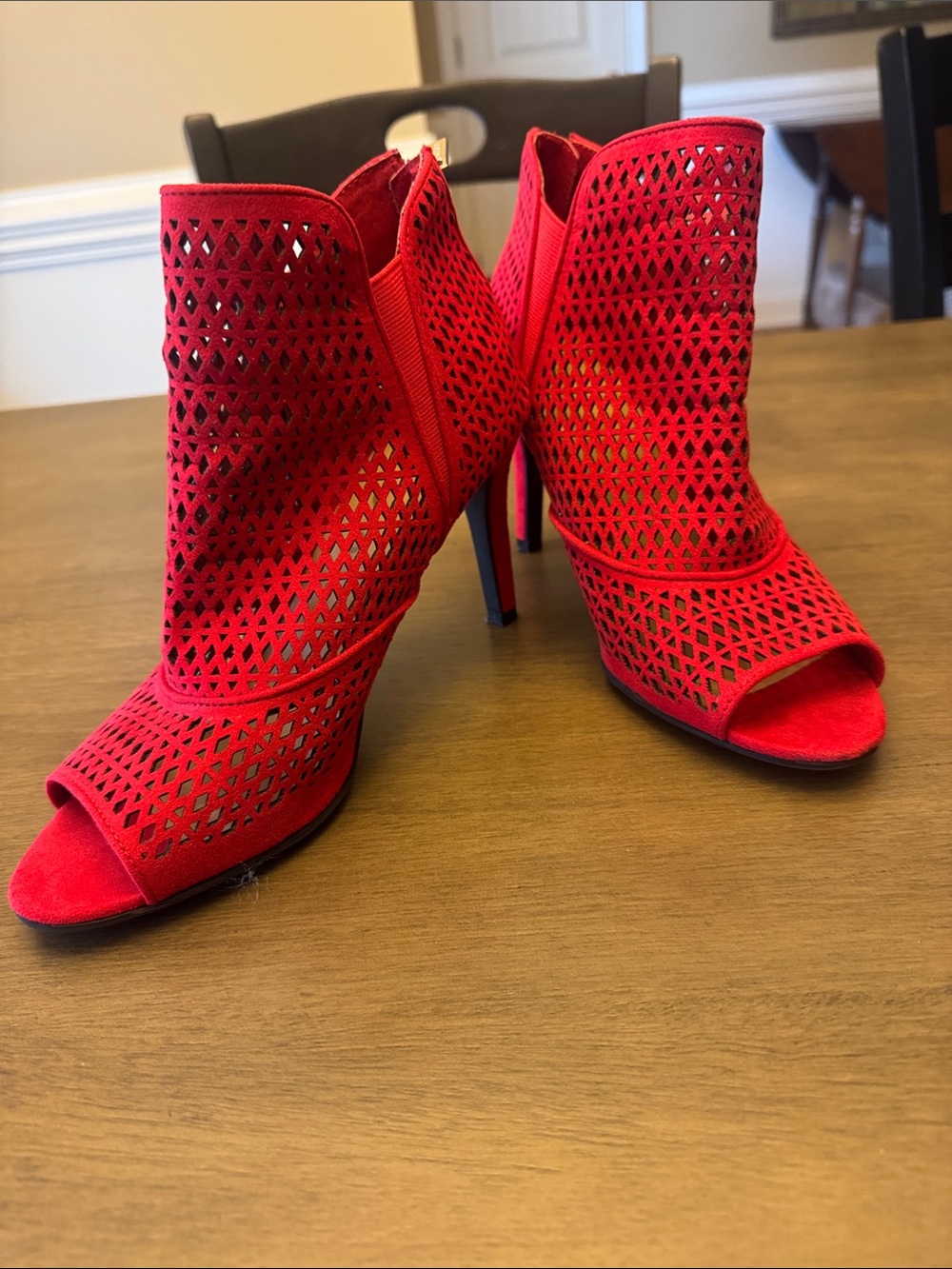 Unisa Red Laser-Cut Open-Toe High Heel Booties